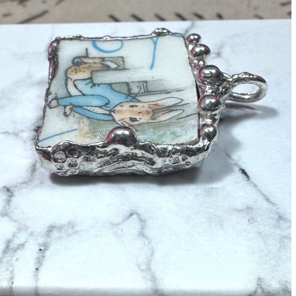SOLD! Peter Rabbit Wedgwood Broken China Pendant w/ Silver Artisan Bezel & Ball - Picture 9 of 14